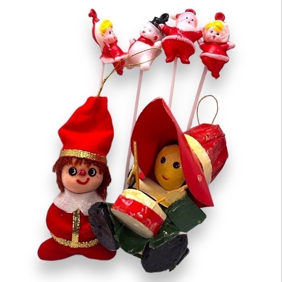 Vintage MCM Christmas Ornaments Flocked Felted Elf, Paper Mache Drummer Santa - Picture 16 of 16